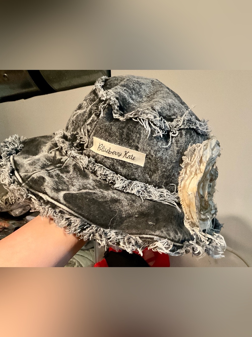 Denim Bucket Hat with Cream Rosette Embellishments - Picture 3 of 3